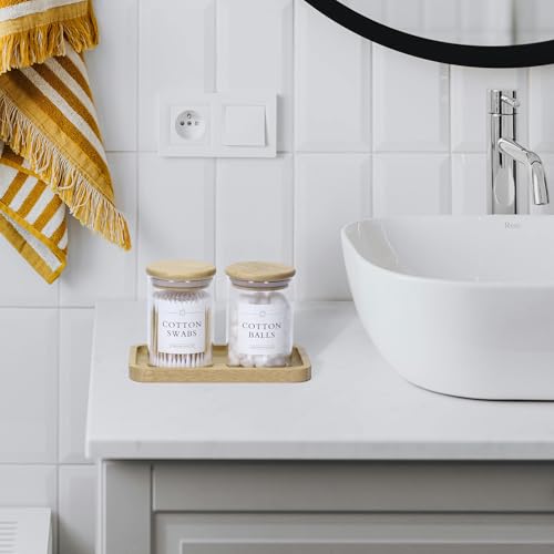 INIUNIK Qtip Holder with Vanity Tray - 2 Pack Glass Apothecary Jars with Lids, Cotton Ball Swab Pad Floss Pick Holder, Bathroom Organizers Jars Containers Canisters Accessories Set