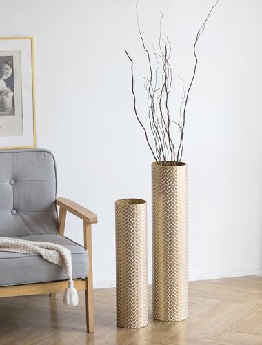 Sziqiqi Tall Gold Floor Vase, Metal Floor Standing with Woven Texture, 2Pcs | 27.6/21.7in Extra Large Cylinder Vases, Vintage Decorative Flower Holder, For Living Room, Bedroom, Hallway, Home Corner - color: Gold