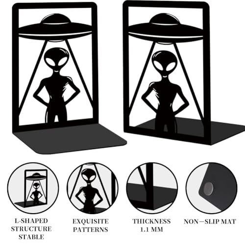 Alien Theme Bookends for Shelves, Spaceships and Aliens Book Ends Decorative Books Desk Organizer Book Stoppers to Hold Books Heavy Duty, Unique Bookshelf Decor for Home Decor - style: Alien