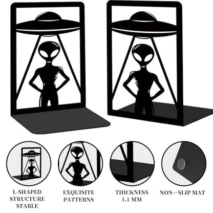 Alien Theme Bookends for Shelves, Spaceships and Aliens Book Ends Decorative Books Desk Organizer Book Stoppers to Hold Books Heavy Duty, Unique Bookshelf Decor for Home Decor - style: Alien