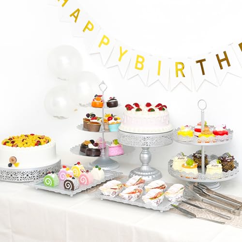 11 Pcs Silver Metal Cake Stand Set, Dessert Table Display Set for Party, Cupcake Stand and Candy Table Display Sets for Wedding, Birthday Celebration - color: Silver