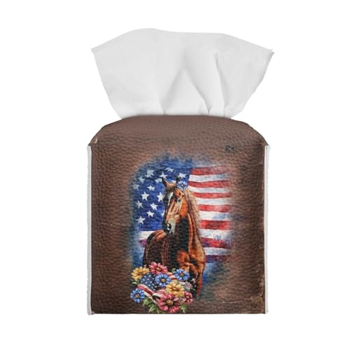 American Flag Tissue Box Cover Square Facial Paper Case Flower Horse Tissue Holder Leather Tissues Cube Box Holder Patriotic Decorate for Bathroom Vanity Countertop,Night Stands,Office Desk - color: American Flag Flower Horse