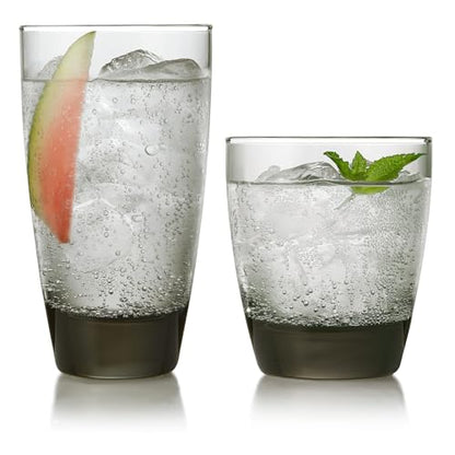Libbey Classic Tumbler & Rocks Drinking Glasses Set of 16, Clear Glass Cups | 18 oz and 13 oz Capacities for Water, Soda, Cocktails, and More with Smoke-Tinted Bases and Dishwasher-Safe Cleanup - color: 03 - Classic Smoke