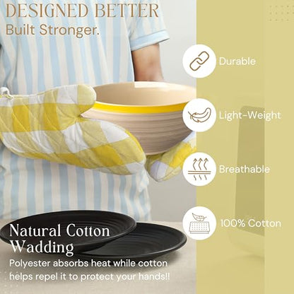 Buffalo Plaid Check Oven Mitts and Pot Holders Set, 100% Cotton, Heat Resistant, 2 Oven Gloves 7x13 Inches and 2 Hot Pads 8x8 Inches for Cooking and Baking, Lemon Yellow White - color: Lemon Yellow, Buffalo Plaid