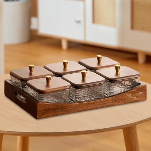 Divided Serving Tray with Lid, Made of Glass and Wood, Snack Bowl with Compartments for Fruit, Nuts, and Sweets. and Practical for Kitchen, of, 6 Compartments - size: 6 Compartments