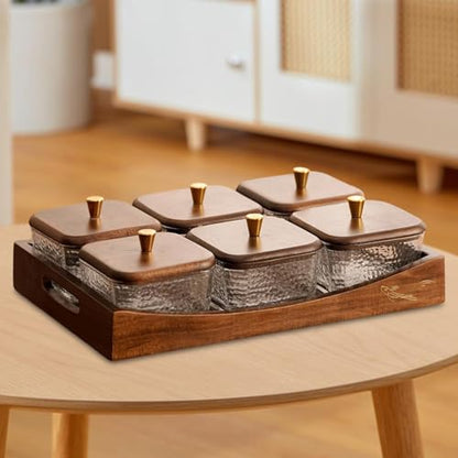 Divided Serving Tray with Lid, Made of Glass and Wood, Snack Bowl with Compartments for Fruit, Nuts, and Sweets. and Practical for Kitchen, of, 6 Compartments - size: 6 Compartments