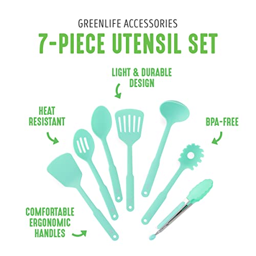 GreenLife Cooking Tools and Utensils, 7 Piece Nylon Set including Spatulas Turner Spoons and Tongs, Dishwasher Safe, Turquoise - color: Turquoise