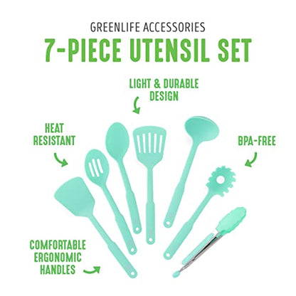 GreenLife Cooking Tools and Utensils, 7 Piece Nylon Set including Spatulas Turner Spoons and Tongs, Dishwasher Safe, Turquoise - color: Turquoise