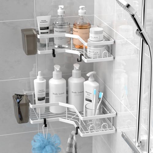 AKTECKE Shower Caddy Corner Organizer Shelf: 2Pack Adhesive Shower Essentials Accessories - No-Drilling Stainless Steel Bathroom Storage Rack with Hooks - color: milky white, size: 9.6"×9.6"×2.6"