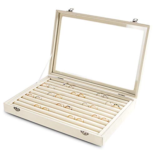 10 Slots Ring Organizer Tray,Velvet Ring Box with Clear Lid | Velvet Lining,Fits Various Rings and Stud,Glass Lid,Dustproof Design,for Personal Use and Jewelry Display,for Women Girls - color: Beige, size: 10 Slots