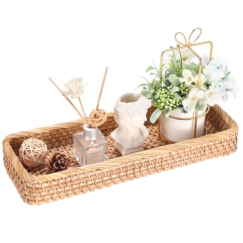 Hipiwe Rattan Basket Tray Handwoven Long Narrow Key Basket for Entryway | Bathroom Sink Vanity Organizer Tray Toilet Tank Basket Wicker Decorative Trays for Home Decor, 15.8"x 6"x2.2" - color: Natural Color, size: 6" x 2.2" x 15.8"