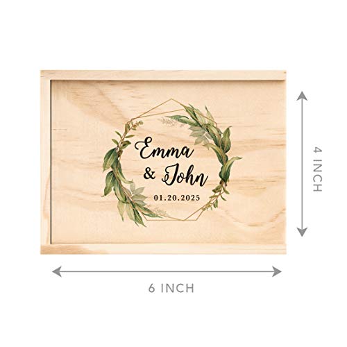 Koyal Wholesale Custom Geometric Greenery Leaves Wedding Keepsake Box, 4 x 6 -inch, Custom Name, Date, Natural Wood, - color: Geometric Greenery Leaves
