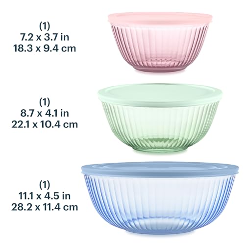 Pyrex Colors (3-Pack) Sculpted Tinted Glass Mixing Bowls with Plastic Lids - color: Pink, Green, Blue, size: 3 Pack, Small/Medium/Large, With Lids