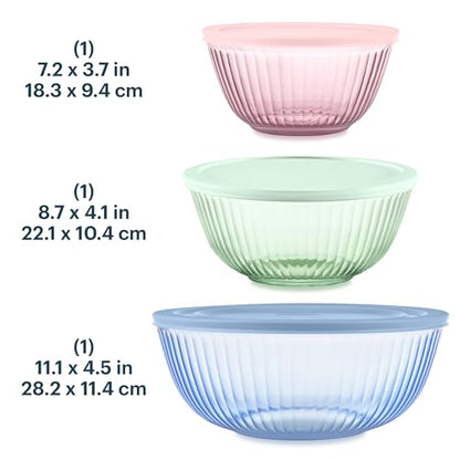Pyrex Colors (3-Pack) Sculpted Tinted Glass Mixing Bowls with Plastic Lids - color: Pink, Green, Blue, size: 3 Pack, Small/Medium/Large, With Lids