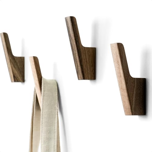 Wall Hooks - Set of 4 - Dark Walnut or Light Ash Wood Coat Hooks for Hanging Hat, Purse, Backpack, Bag, Jacket. Modern Farmhouse Decor for Wall and Practical Entryway Hooks (Walnut Wood) - color: Walnut Wood