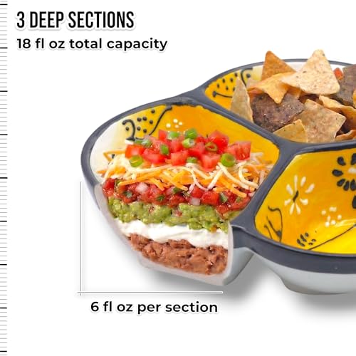 3-Compartment Ceramic Serving Dish, Handmade in Spain | 7.5” divided chip and dip bowl with lead-free glaze, microwave, oven and dishwasher safe, ideal for tapas, snacks and sauces - color: Onyx Yellow
