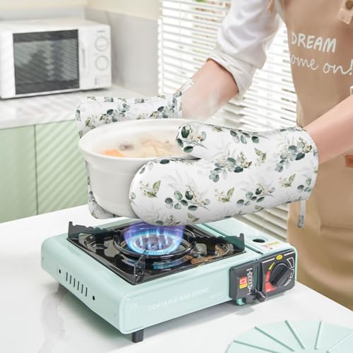 Sage Green Eucalyptus Oven Mitts and Pot Holders Sets Silicone Watercolor Plant Leaves Floral Kitchen Oven Mitts Hot Pads Heat Resistant Potholders Kitchen Mitts Set for Baking BBQ Cooking - color: Green