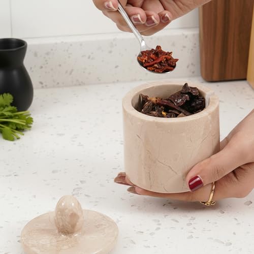 Marble Salt Cellar with Lid 4" Inch Verona Handmade Salt Jar & Table Salt Storage For Kitchen Countertop, Ideal Salt Container, Salt Dish & Sugar Bowl For Table - color: Verona
