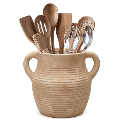 Rustic Utensil Holder for Kitchen Counter - Large Ceramic Farmhouse Cooking Utensil Crock & Organizer for Spatula, Spoon - Vintage Kitchen Decor (Brown) - color: Brown