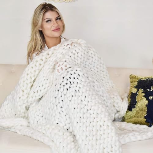 Chunky Knit Blanket (50 x 60 Inches) Warm Soft Cozy for Lounge Sofa & Bedroom, Handmade Knitted Yarn Throw Blanket (White, 1) - color: White