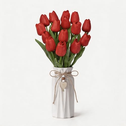 Artificial Tulip Flower Arrangement in Ceramic Vase with Rustic Heart Charm, 15 PCS PU Real Touch Faux Floral Table Centerpiece for Home, Dining Table, Wedding Décor, Red - color: Red