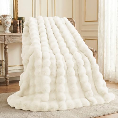L'AGRATY Faux Rabbit Fur Throw Blanket for Couch, 50'' x 60'', Cream White | Soft Cozy Bubble Fluffy Blanket for Sofa Bed, Thick Warm Plush Fuzzy Throw for Room Home Decor, Luxury Gift for Women Mom - color: Cream White, size: 50" x 60"