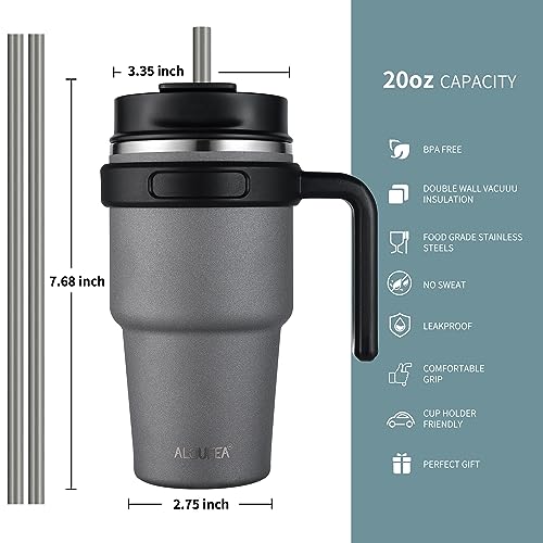20 oz Insulated Travel Coffee Mug Tumbler with Handle and Straw | Leakproof Stainless Steel Coffee Cup with Lid, Double Wall Vacuum Ice Thermal Cup, Gray - color: Gray, size: 20 Ounces