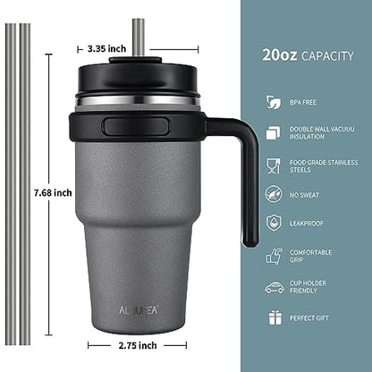 20 oz Insulated Travel Coffee Mug Tumbler with Handle and Straw | Leakproof Stainless Steel Coffee Cup with Lid, Double Wall Vacuum Ice Thermal Cup, Gray - color: Gray, size: 20 Ounces