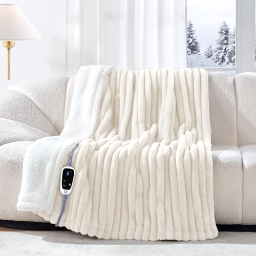 Sealy Electric Blanket Throw 50×60, Faux Fur to Sherpa, Beige | Heated Blanket Throw with 6 Heating Levels, 2-10 Hours Auto Off, Overheat Protection, Machine Washable, ETC Certified - color: Beige, size: Throw Size 50" x 60"