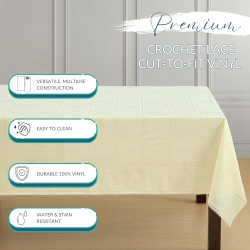 Threadmade Crochet Lace-Inspired 3-Yard Cut-to-fit Vinyl Tablecloth/Table Protector, Ecru - 54" W x 108" L - color: Ecru
