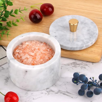 Marble Salt Cellar with Lid, White Grey, 4 inch | Natural Stone, Salt Pepper Box, Gold Alloy Handle, Kitchen Countertop Storage, Multi-Use, Sugar Spice Seasoning Container - color: White Grey