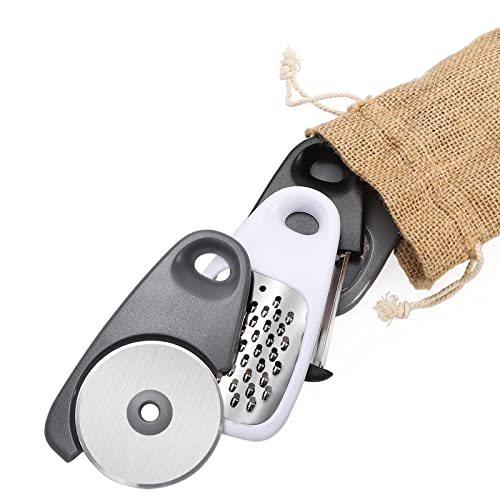 5 Pieces Kitchen Gadgets Set with Storage Bag, Cooking Gift Set | Space Saving Cooking Tools Accessories, Cheese Chocolate Grater, Peeler, Bottle Opener, Pizza Cutter, Stackable - color: Black White Gray 4pcs