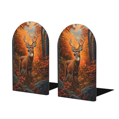 Autumn Forest Deer Wild Animal Bookends for Shelves 2 Pcs Wooden Book Stopper Organizer for Home Office Libraries