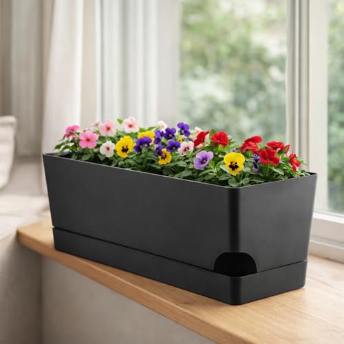 Party Zealot Self Watering Pots for Indoor Plants, 3 Pack Window Boxes Planters 17 Inch Rectangular Planter Rectangle Flower Pots Long Plant Pot Large Window Sill Herb Planter Box, Black - color: Black