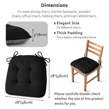 ELFJOY Dining Chair Cushions Set of 2 Non Slip 18"X18"X3" Black | Thick,Textured Fabric, with Ties, Tufted, Large, for Kitchen, Dining Room, Indoor, Bedroom, Living Room, Office, Comfortable - color: Black