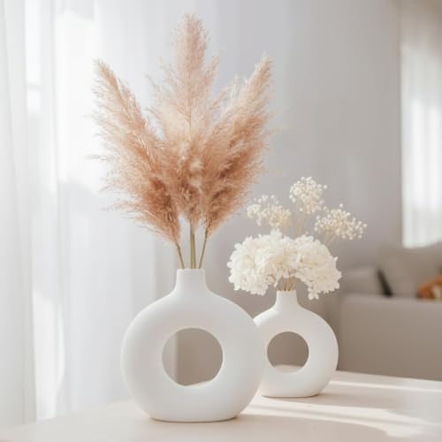 DESI SAMAAN Store Unique White Ceramic Donut Vases | Decorative Donut Vase for Dried Flowers & Pampas Grass (Set of 2) (6 & 8 Inch (Donut VASE)) - size: 6 & 8 Inch ( DONUT VASE )