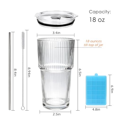 Accguan 18oz Ribbed Glass Tumbler with Straw and Lid, 6Pack Glass Cup | Reusable lced Coffee Cups with lids-Glass Cups with Lids for Smoothie,Coffee,Juice,Tea,Travel Mug,Cold & Hot Beverages - size: 18oz without handle-6pcs