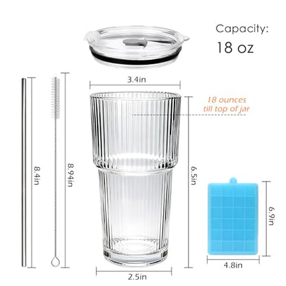 Accguan 18oz Ribbed Glass Tumbler with Straw and Lid, 6Pack Glass Cup | Reusable lced Coffee Cups with lids-Glass Cups with Lids for Smoothie,Coffee,Juice,Tea,Travel Mug,Cold & Hot Beverages - size: 18oz without handle-6pcs