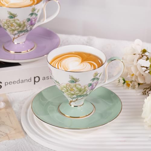 KAMMAK Ceramic Coffee Cups Saucers Set of 2, Porcelain Espresso Cups with Saucers, 8.12 oz Handcrafted Elegant Bone China Tea Cups, Purple Purple & Mint Green Flower Teacup for Party, Office, Gift - color: Green Jade + Purple Blossom