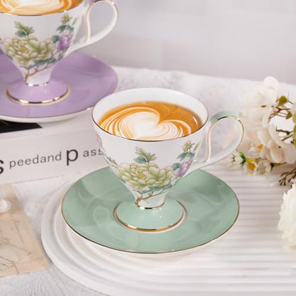 KAMMAK Ceramic Coffee Cups Saucers Set of 2, Porcelain Espresso Cups with Saucers, 8.12 oz Handcrafted Elegant Bone China Tea Cups, Purple Purple & Mint Green Flower Teacup for Party, Office, Gift - color: Green Jade + Purple Blossom
