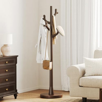 Uniclinens Coat Rack Freestanding Solid Wood Coat Tree Standing with 4 Hooks, Coat Rack Stand Creative Tree Branch-look (Dark Walnut) - color: Dark Walnut, size: Coat Tree