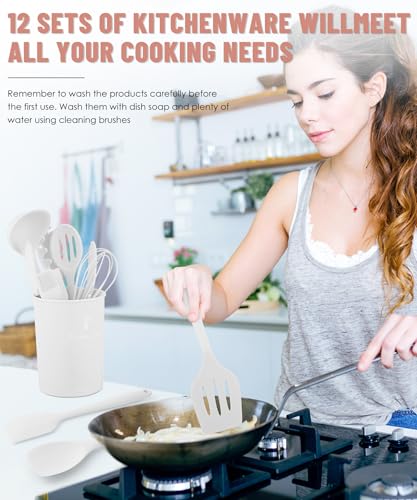 White Kitchen Utensils Set-12 Pieces Silicone Cooking Utensils Set | Dishwasher Safe 392°F Heat Resistant Spatula Set Kitchen Utensil Set for Nonstick Cookware,Best Kitchen Tools with Holder - color: White