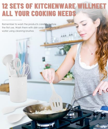 White Kitchen Utensils Set-12 Pieces Silicone Cooking Utensils Set | Dishwasher Safe 392°F Heat Resistant Spatula Set Kitchen Utensil Set for Nonstick Cookware,Best Kitchen Tools with Holder - color: White