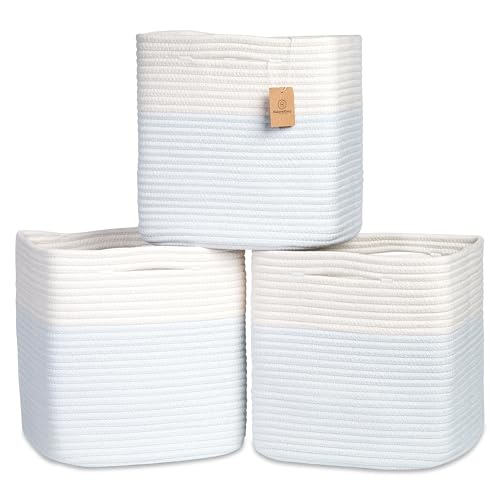 NaturalCozy 13 Inch Cube Storage Bins Cotton Rope Woven Baskets for Organizing 3-Pack | 13 x 13 Storage Cubes | Fabric Square Storage Baskets for Shelves Organizer, Kids Toy Bins, Closet Baby Nursery - color: Off White & Mixed Blue, size: 13 x 13 x 13 (St