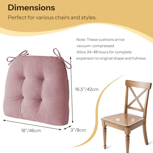 Anti Slip Kitchen Chair Cushions Set of 4 18"X16.5"X3" Light Pink | Elegant Breathable Textured Fabric, with Ties, Tufted, Thick Polyester Filling, for Dining Chairs, Folding Chairs, Office - color: Light Pink