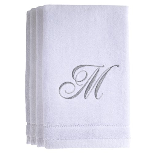 Monogrammed Towels Fingertip, Personalized Gift, 11 x 18 Inches - Set of 4- Silver Embroidered Towel - Extra Absorbent 100% Cotton- Soft Velour Finish - For Bathroom/ Kitchen/ Spa- Initial M (White) - color: M