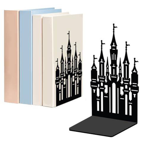 WADORN Magic Castle Metal Decorative Bookend for Shelves 1 Pair, Heavy Duty Book Ends Creative Non-Skid Books Holder Stand Black Book Support Stoppers for Desk Bookshelf Office Home, 5.3x4.3x7.9 Inch - color: Castle