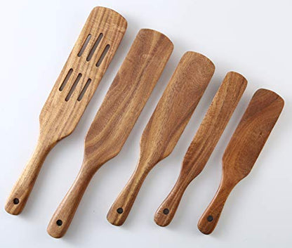 MESSON Wooden Spatulas Set of 5, Teak Wood Spurtles for Nonstick Cookware | Teak Wood, Heat Resistant, Lightweight, Nonstick Safe, for Instant Pot Baking & Stirring, Easy Grip Handle with Hanging Hole