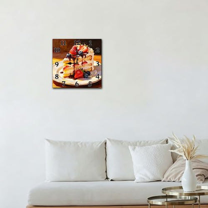 Wooden Square Wall Clock 10 Inch Silent Non-Ticking Dessert & Cake Style Suitable for Cake Shop Kitchen Bedroom Living Room Dining Room - color: C5