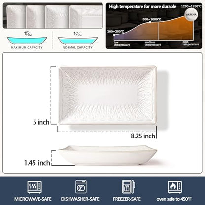 Appetizer Plates Set of 4, 8.25" Embossed Ceramic Rectangular Dessert Plates, Deep Lipped Edges, Microwave & Dishwasher Safe, Salad Sushi Snack Serving Plates (White, Wheat Leaf) - color: White (Wheat Leaf), size: 8.25 inch